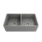 Farmhouse Apron Front Fireclay 33 in. Double Bowl Kitchen Sink with Protective Bottom Grids and Strainers in Matte Gray