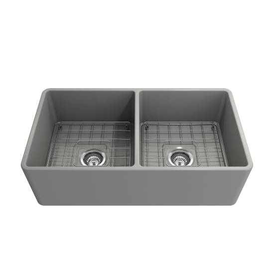 Farmhouse Apron Front Fireclay 33 in. Double Bowl Kitchen Sink with Protective Bottom Grids and Strainers in Matte Gray