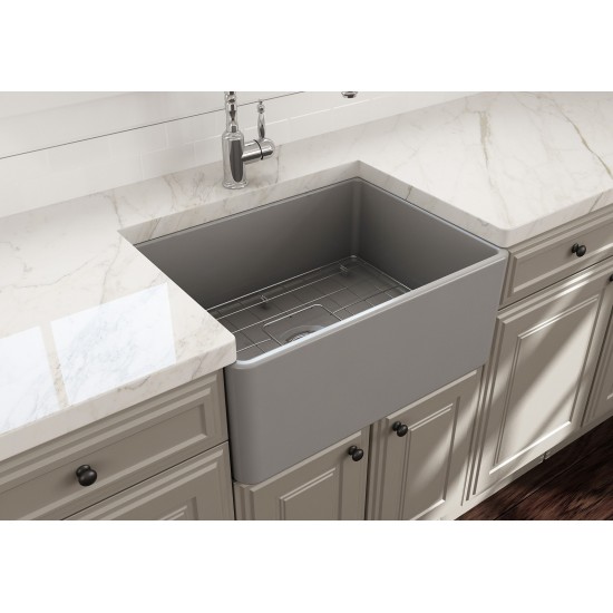 Farmhouse Apron Front Fireclay 24 in. Single Bowl Kitchen Sink with Protective Bottom Grid and Strainer in Matte Gray