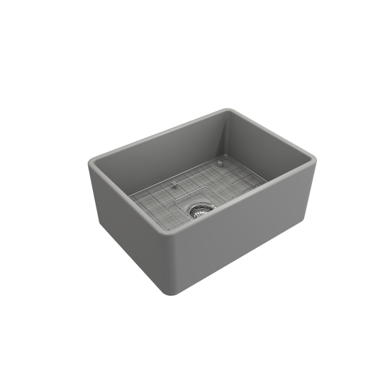 Farmhouse Apron Front Fireclay 24 in. Single Bowl Kitchen Sink with Protective Bottom Grid and Strainer in Matte Gray