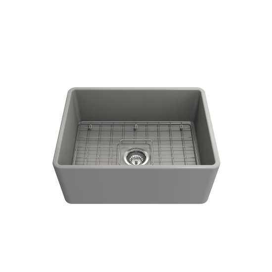 Farmhouse Apron Front Fireclay 24 in. Single Bowl Kitchen Sink with Protective Bottom Grid and Strainer in Matte Gray