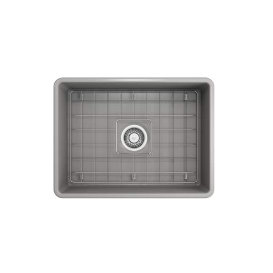 Farmhouse Apron Front Fireclay 24 in. Single Bowl Kitchen Sink with Protective Bottom Grid and Strainer in Matte Gray