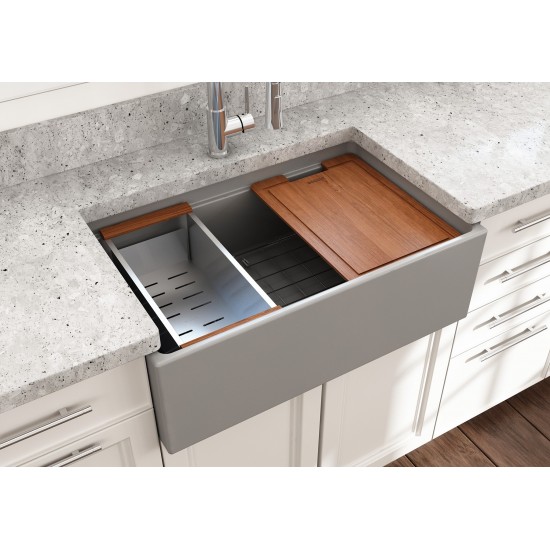 Apron Front Step Rim with Integrated Work Station Fireclay 30 in. Single Bowl Kitchen Sink with Accessories in Matte Gray