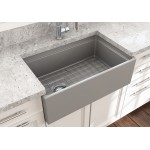 Apron Front Step Rim with Integrated Work Station Fireclay 30 in. Single Bowl Kitchen Sink with Accessories in Matte Gray