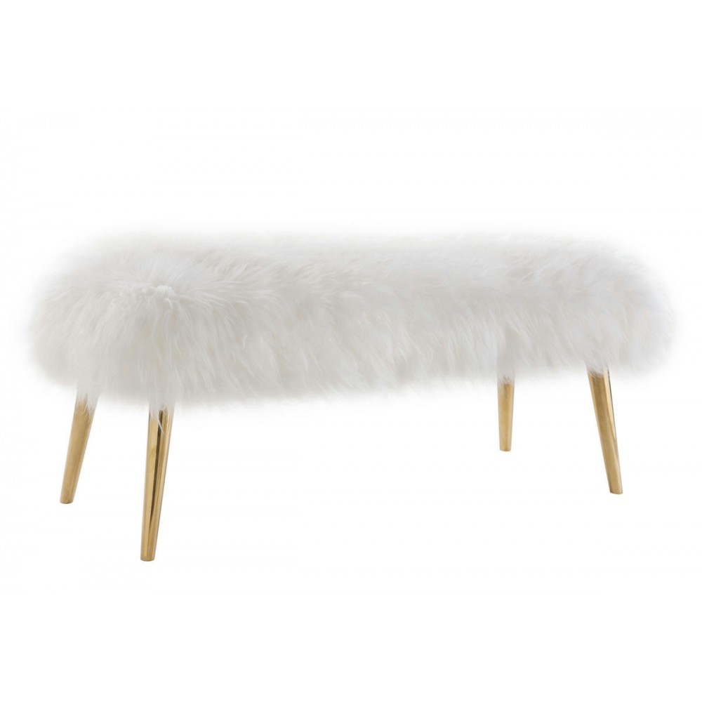 TOV Furniture Churra White Sheepskin Bench with Gold Legs