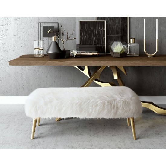 TOV Furniture Churra White Sheepskin Bench with Gold Legs