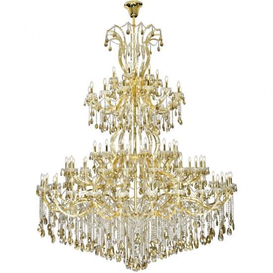 Elegant Lighting 84 Light Gold Chandelier With Golden Teak Tear Drop Crystals Golden Teak (Smoky) Royal Cut Crystal