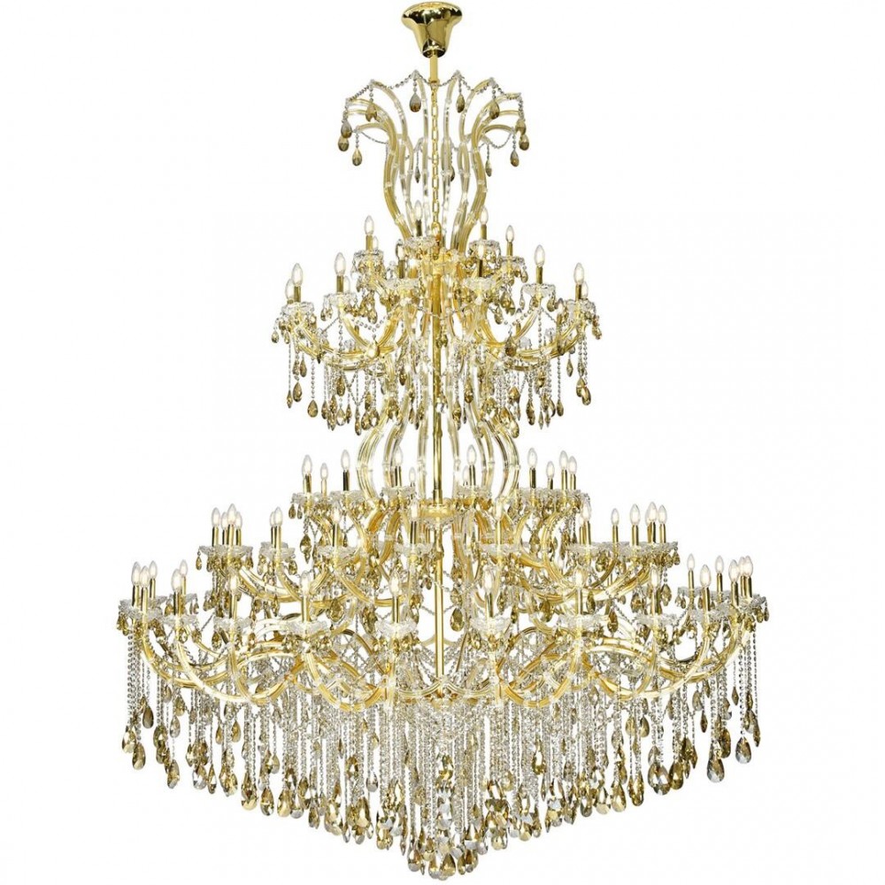 Elegant Lighting 84 Light Gold Chandelier With Golden Teak Tear Drop Crystals Golden Teak (Smoky) Royal Cut Crystal