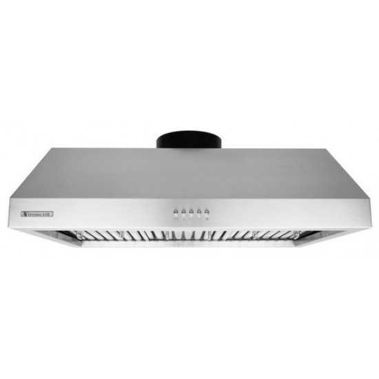36" width, 900 CFM, Baffle filters, 3-Speed Mechanical Buttons, Full Seamless, 1.0 mm Non-magnetic S.S, Under cabinet hood