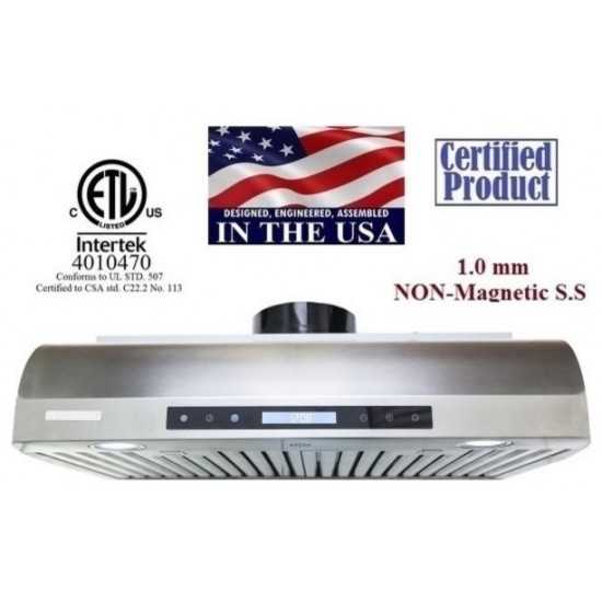 30", LED Lights, Baffle Filters, 1.0mm Non-Magnetic Stainless Steel, Low Profile Under Cabinet Mount Range Hood
