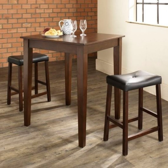 3Pc Pub Dining Set W/Upholstered Saddle Stools Mahogany