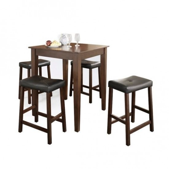 5Pc Pub Dining Set W/Upholstered Saddle Stools Mahogany