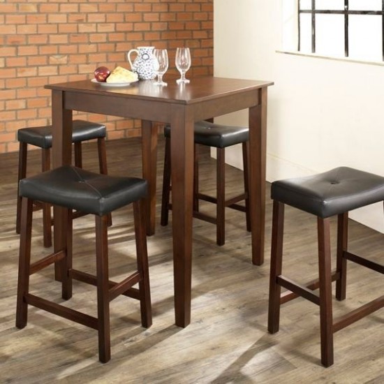 5Pc Pub Dining Set W/Upholstered Saddle Stools Mahogany