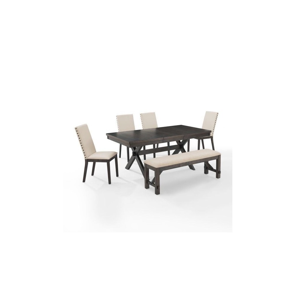 Hayden 6Pc Dining Set Slate/Cream - Table, Bench, 4 Upholstered Chairs