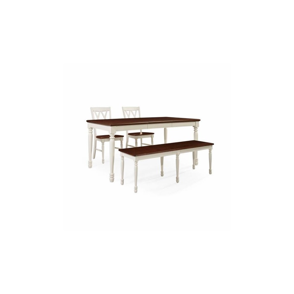 Shelby 4 Piece Dining Set Distressed White - Table, Bench, 2 Chairs