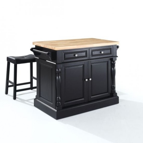 Oxford Kitchen Island W/Upholstered Saddle Stools Black