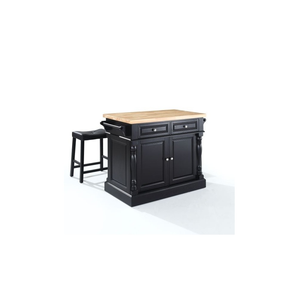 Oxford Kitchen Island W/Upholstered Saddle Stools Black