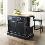 Oxford Kitchen Island W/Upholstered Saddle Stools Black