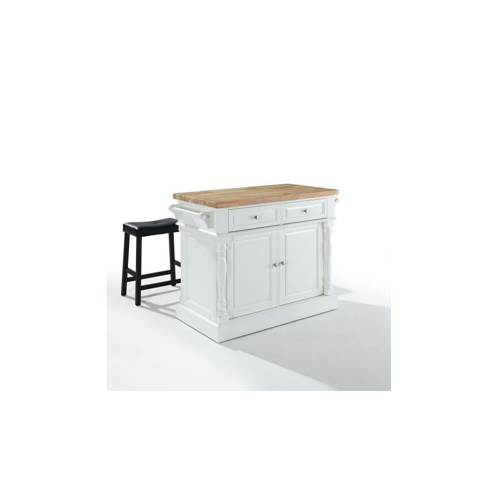 Oxford Kitchen Island W/Upholstered Saddle Stools White