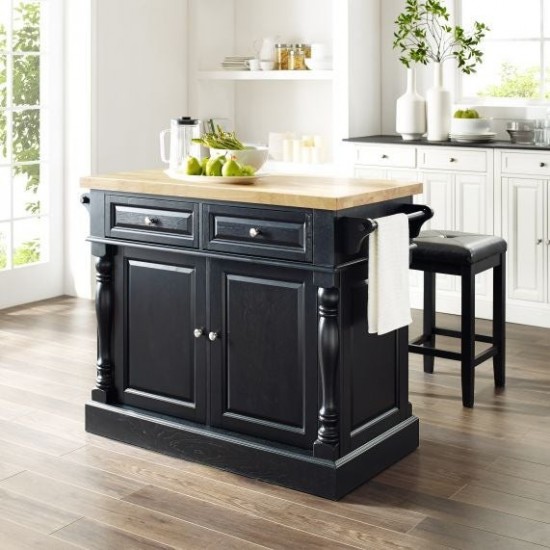 Oxford Kitchen Island W/Square Seat Stools Black