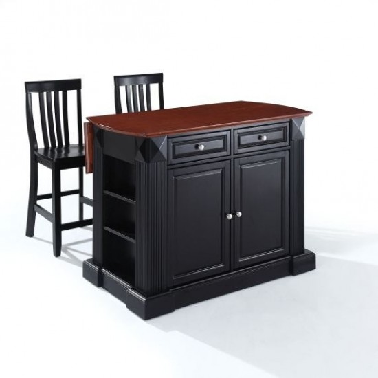 Coventry Drop Leaf Top Kitchen Island W/School House Stools Black