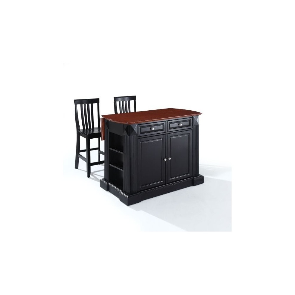 Coventry Drop Leaf Top Kitchen Island W/School House Stools Black