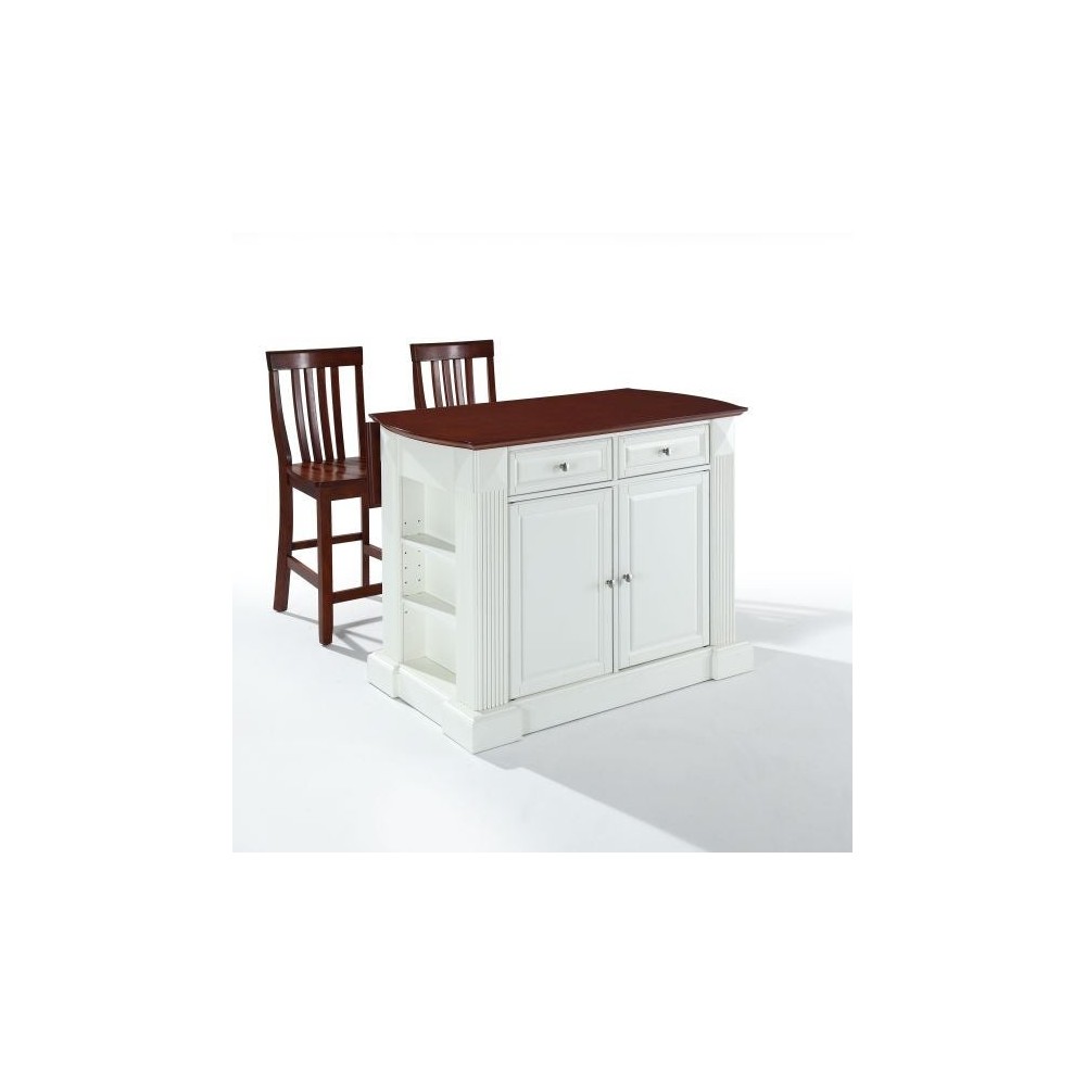 Coventry Drop Leaf Top Kitchen Island W/School House Stools White