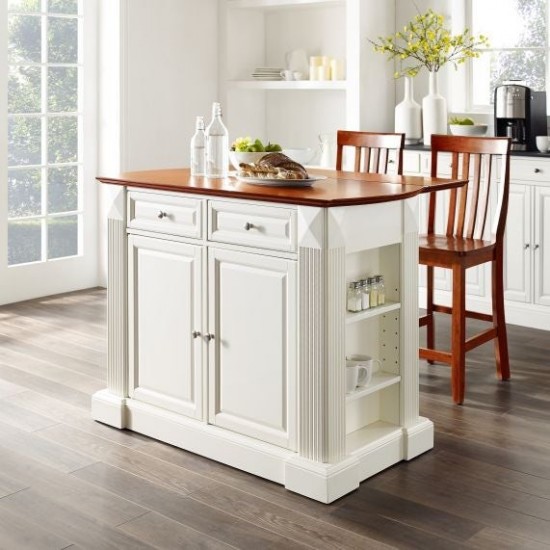 Coventry Drop Leaf Top Kitchen Island W/School House Stools White