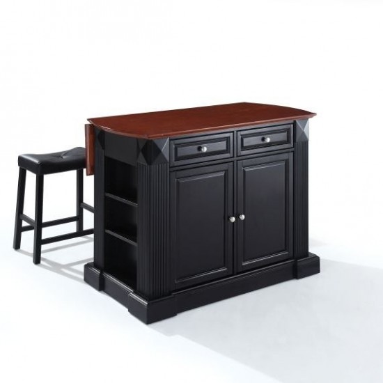 Coventry Drop Leaf Top Kitchen Island W/Uph Saddle Stools Black