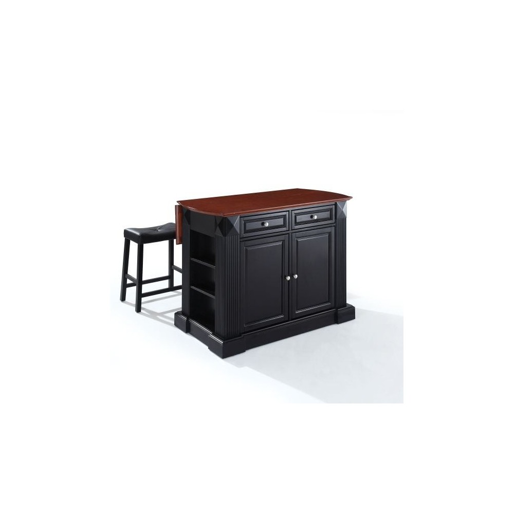 Coventry Drop Leaf Top Kitchen Island W/Uph Saddle Stools Black