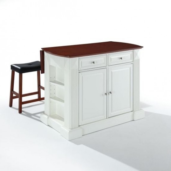 Coventry Drop Leaf Top Kitchen Island W/Uph Saddle Stools White