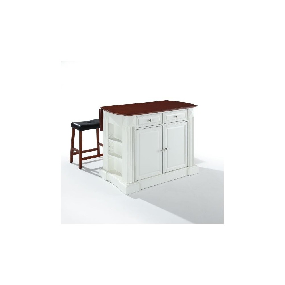 Coventry Drop Leaf Top Kitchen Island W/Uph Saddle Stools White