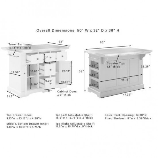 Julia Stainless Steel Top Kitchen Island White/Stainless Steel