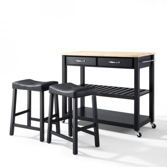 Wood Top Kitchen Prep Cart W/Uph Saddle Stools Black