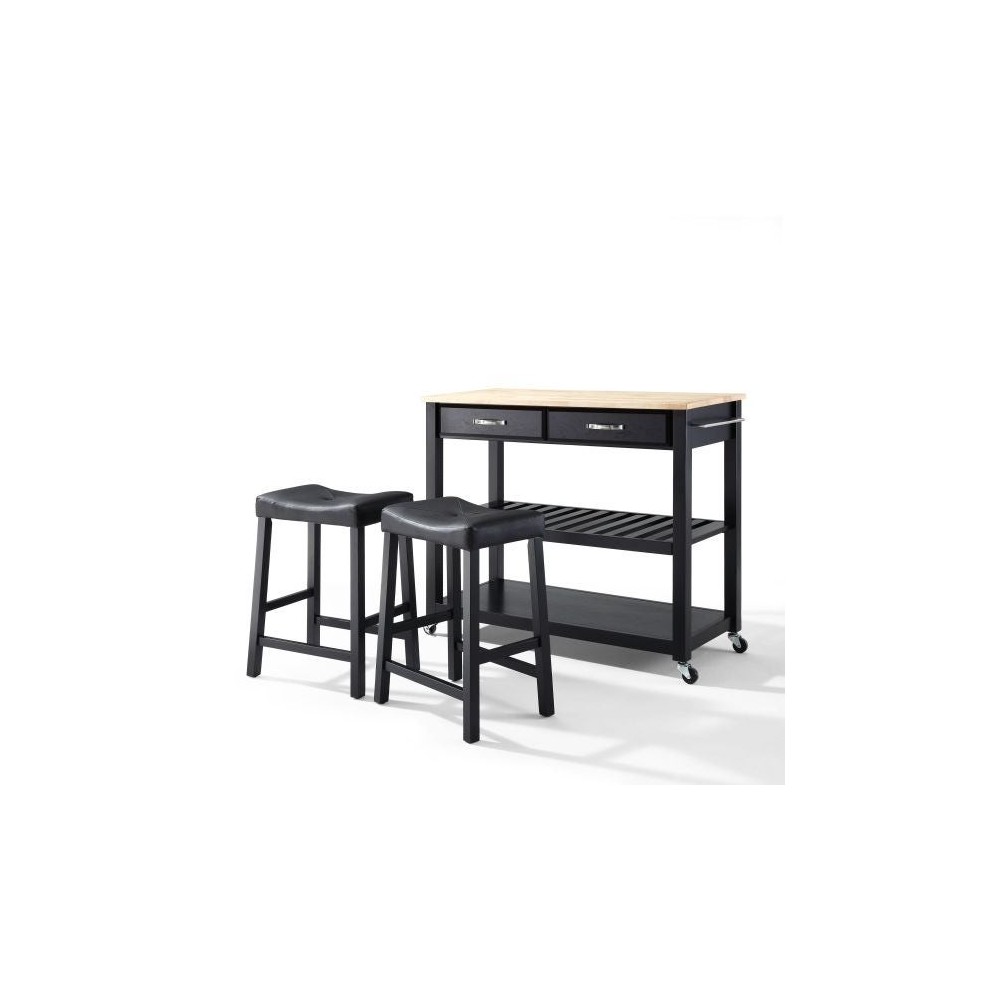 Wood Top Kitchen Prep Cart W/Uph Saddle Stools Black