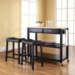 Wood Top Kitchen Prep Cart W/Uph Saddle Stools Black