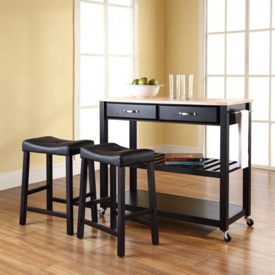 Wood Top Kitchen Prep Cart W/Uph Saddle Stools Black