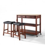 Wood Top Kitchen Prep Cart W/Uph Saddle Stools Cherry