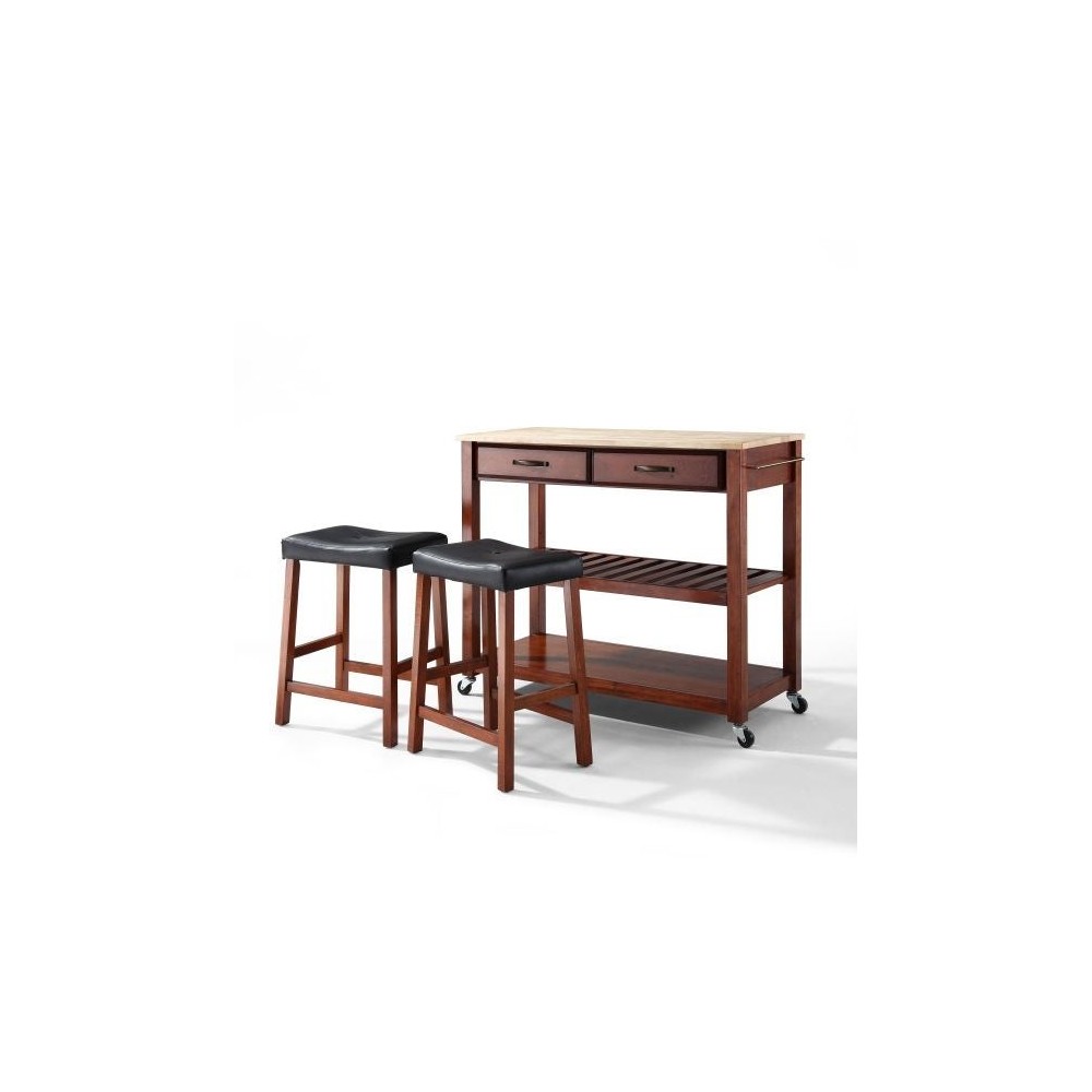 Wood Top Kitchen Prep Cart W/Uph Saddle Stools Cherry