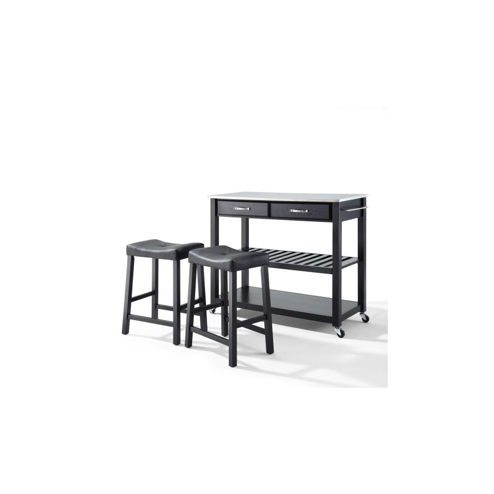 Stainless Steel Top Kitchen Prep Cart W/Uph Saddle Stools Black