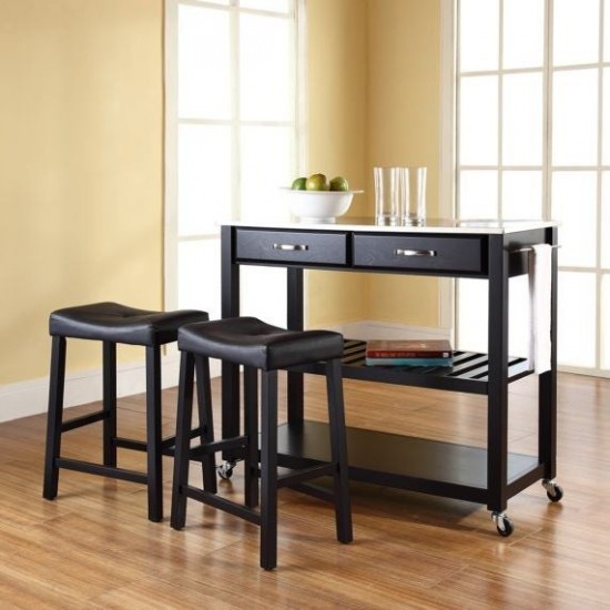 Stainless Steel Top Kitchen Prep Cart W/Uph Saddle Stools Black