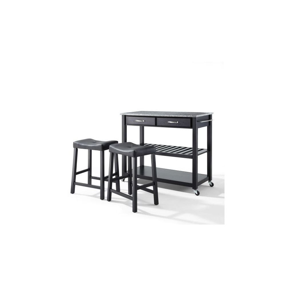 Granite Top Kitchen Prep Cart W/Uph Saddle Stools Black/Gray