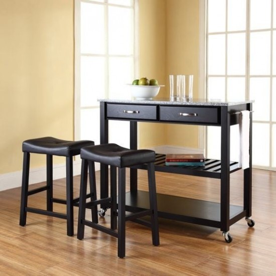 Granite Top Kitchen Prep Cart W/Uph Saddle Stools Black/Gray