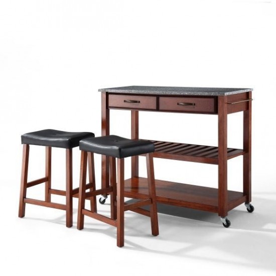 Granite Top Kitchen Prep Cart W/Uph Saddle Stools Cherry