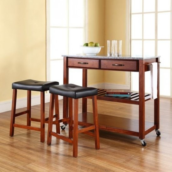 Granite Top Kitchen Prep Cart W/Uph Saddle Stools Cherry