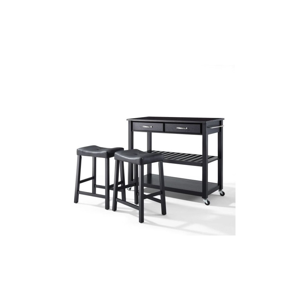 Granite Top Kitchen Prep Cart W/Uph Saddle Stools Black