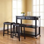 Granite Top Kitchen Prep Cart W/Uph Saddle Stools Black