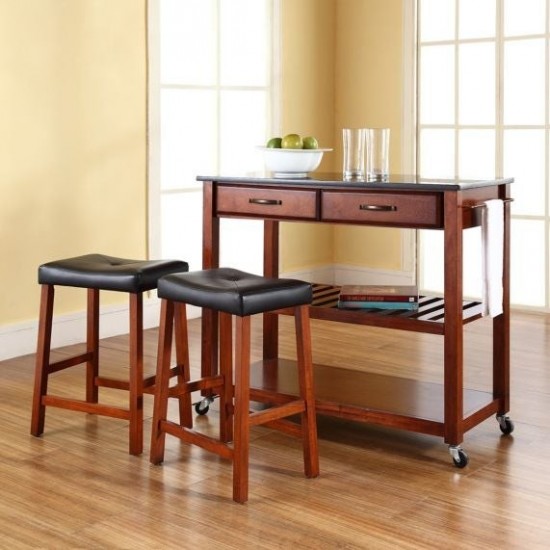 Granite Top Kitchen Cart W/Uph Saddle Stools- Kitchen Island & 2 Counter Stools