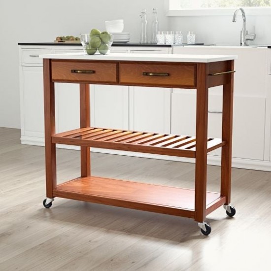 Granite Top Kitchen Prep Cart Cherry/White