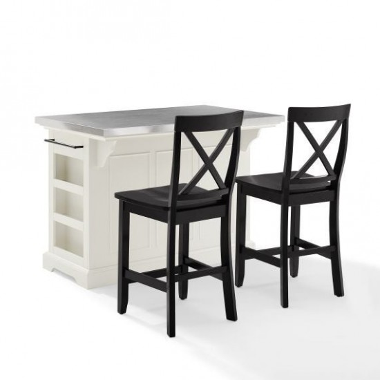 Julia Stainless Steel Top Island W/X-Back Stools White/Black - Island & 2 Stools